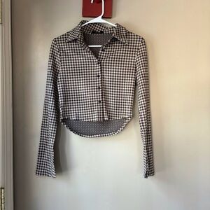 Cider Brown Checkered Crop Button Down Collared Shirt M